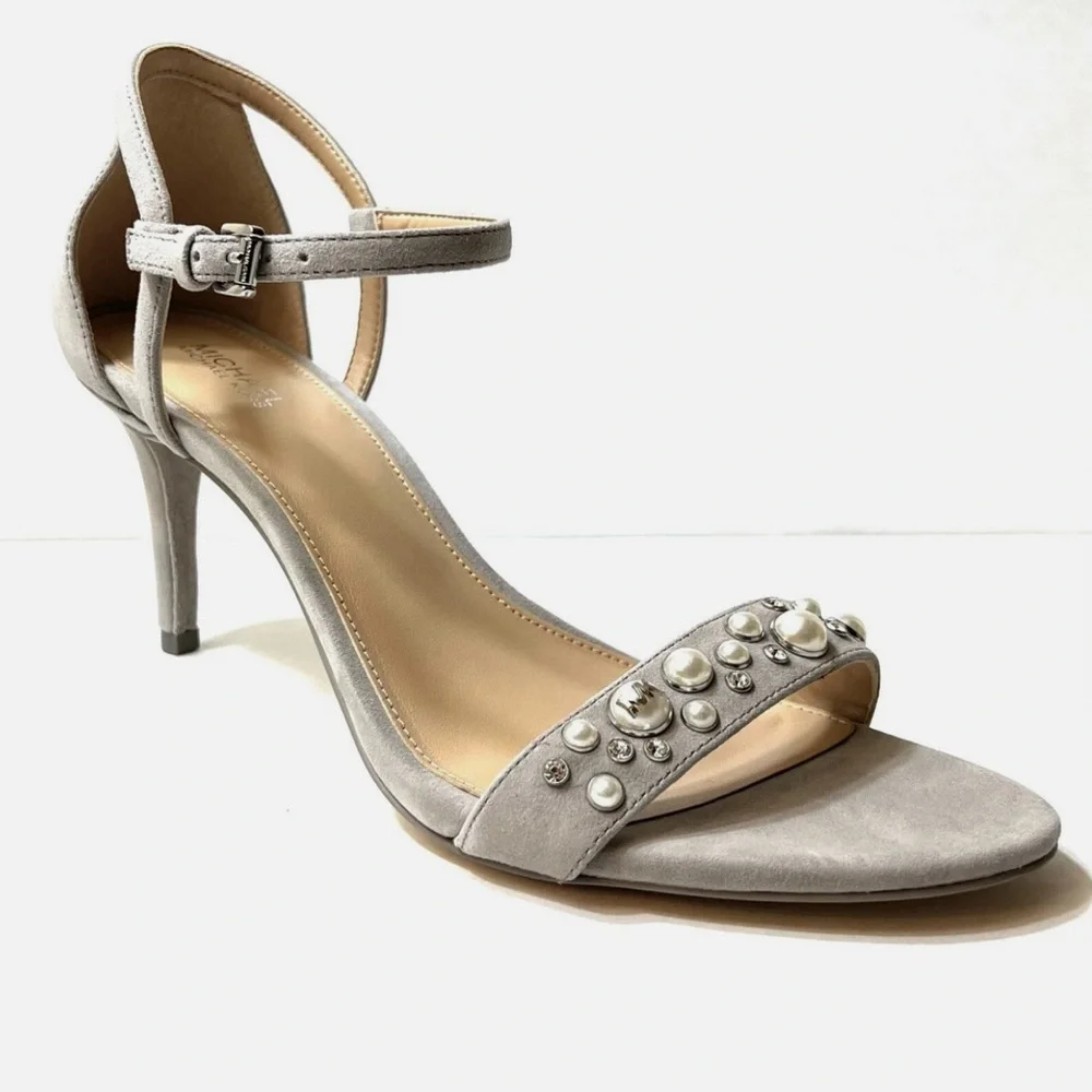 Michael Kors Gray Suede Pearl-Embellished Ankle Strap Heels